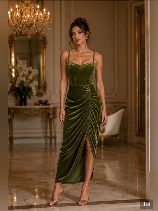 Cider Dresses & Skirts - Cider Olive Green Velvet Ruched Midi Dress